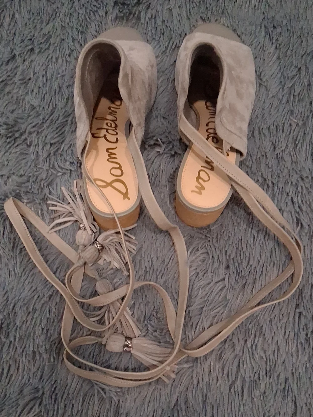 Sam Edelman Light Gray Suede Tassel Wrap Sandals